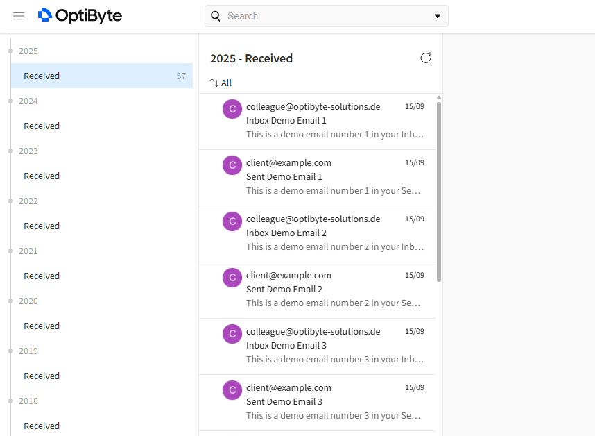 OptiByte email archive interface showing searchable messages by year